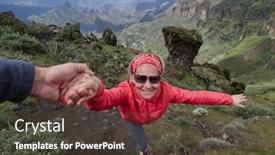  Presentation with zone - Slides consisting of young woman tourist in alpine zone in summer man helping her to climb background and a dark gray colored foreground