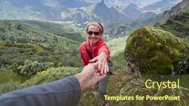  Presentation with zone - Colorful slides enhanced with young woman tourist in alpine zone in summer man helping her to climb backdrop and a tawny brown colored foreground