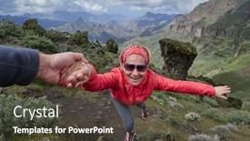  Presentation with zone - Cool new theme with young woman tourist in alpine zone in summer man helping her to climb backdrop and a tawny brown colored foreground