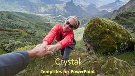  Presentation with helping man - Slides having young-woman-tourist-in-alpine background and a tawny brown colored foreground
