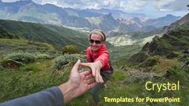 Presentation with helping man - Cool new presentation design with young-woman-tourist-in-alpine backdrop and a tawny brown colored foreground
