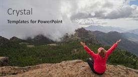  Presentation with cliff - Presentation theme enhanced with young woman tourist sitting on cliff's edge admiring landscape gran canaria spain background and a light gray colored foreground
