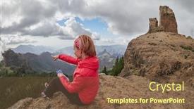  Presentation with consulting - Presentation theme with young-woman-tourist-sitting background and a tawny brown colored foreground