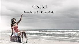  Presentation with suitcase - Presentation design with young woman tourist sitting on suitcase at seaside background and a light gray colored foreground