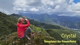  Presentation with cliff - Colorful presentation theme enhanced with young-woman-tourist-standing backdrop and a tawny brown colored foreground