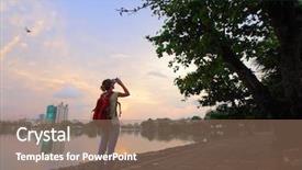  Presentation with green city - Slide deck having young woman tourist with backpack taking photo of a green tree in city park background and a coral colored foreground