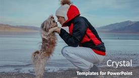  Presentation with frozen - PPT theme having young-woman-tourist-with-dog background and a gray colored foreground