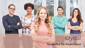  Presentation with team training - PPT theme having young woman trainee in training in front of her business team in the office background and a coral colored foreground