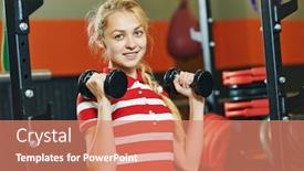  Presentation with club training - Cool new presentation design with young woman training exercises with barbells in fitness club gym backdrop and a coral colored foreground