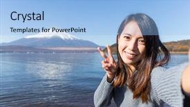  Presentation with travel - Presentation design featuring young woman travel in fuji background and a light blue colored foreground