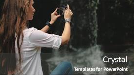  Presentation with waterfall woman - Colorful slides enhanced with young-woman-traveler-near-waterfall backdrop and a dark gray colored foreground