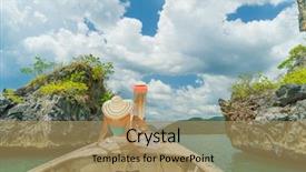  Presentation with boat - Audience pleasing slide set consisting of young woman traveler on longtail backdrop and a coral colored foreground