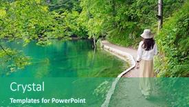  Presentation with walking trail - PPT theme consisting of young-woman-traveler-walking background and a ocean colored foreground