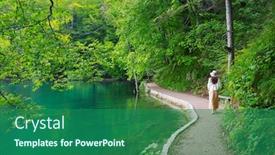  Presentation with walking trail - Beautiful PPT layouts featuring young-woman-traveler-walking backdrop and a ocean colored foreground