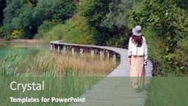  Presentation with walking trail - PPT theme consisting of young-woman-traveler-walking background and a ocean colored foreground