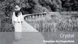  Presentation with walking trail - Slide deck with young-woman-traveler-walking background and a gray colored foreground