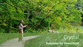  Presentation with walking trail - Theme having young-woman-traveler-walking background and a tawny brown colored foreground