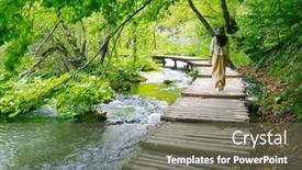  Presentation with walking trail - Slide deck featuring young-woman-traveler-walking background and a violet colored foreground