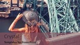  Presentation with long bridge - Slides having young-woman-traveler-with-hat background and a  colored foreground