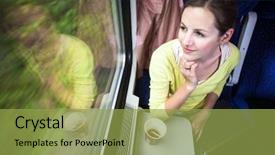  Presentation with train - Theme enhanced with young woman traveling by train background and a yellow colored foreground