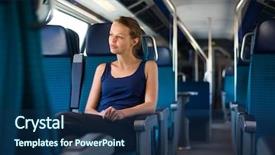  Presentation with train - Cool new PPT layouts with young woman traveling by train backdrop and a ocean colored foreground