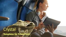  Presentation with young man and a woman - Presentation theme having young woman travelling by train with her tablet and headphones background and a tawny brown colored foreground