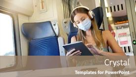  Presentation with face mask - Slides with young-woman-travelling-by-train background and a coral colored foreground