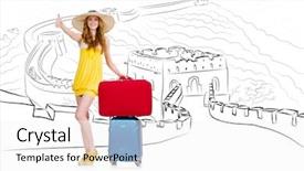  Presentation with great wall travelling - PPT theme having young woman travelling to china background and a white colored foreground