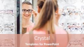  Presentation with optometrist - Colorful PPT layouts enhanced with young-woman-trying-fashionable-glasses backdrop and a coral colored foreground