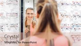  Presentation with optometrist - Audience pleasing PPT layouts consisting of young-woman-trying-fashionable-glasses backdrop and a coral colored foreground
