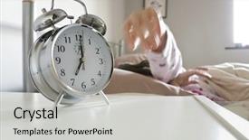  Presentation with alarm - Beautiful PPT theme featuring young woman turning off alarm backdrop and a light gray colored foreground