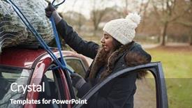  Presentation with christmas tree - Presentation design with young woman tying christmas tree background and a dark gray colored foreground