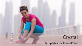  Presentation with sneakers - Presentation design consisting of young woman tying shoelaces on sneakers on a promenade with a big city in the background standing next to a bottle of water exercise outdoors background and a soft green colored foreground