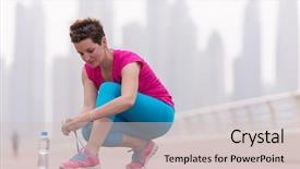  Presentation with sneakers - Beautiful presentation theme featuring young woman tying shoelaces on sneakers on a promenade with a big city in the background standing next to a bottle of water exercise outdoors backdrop and a soft green colored foreground