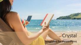  Presentation with undecided - Slide deck consisting of young woman undecided between reading a book and spending time on internet while sitting on the beach during summer vacation in indonesia background and a coral colored foreground