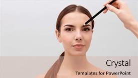  Presentation with correction - Presentation theme featuring young woman undergoing eyebrow correction background and a coral colored foreground
