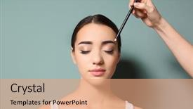  Presentation with correction - Presentation design with young woman undergoing eyebrow correction background and a  colored foreground