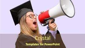  Presentation with sales - Audience pleasing presentation design consisting of young woman university graduate student communicates shouting loud holding a megaphone expressing success and positive concept idea for marketing or sales backdrop and a tawny brown colored foreground
