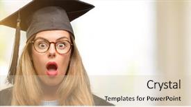  Presentation with university - Colorful slide set enhanced with young woman university graduate student happy and surprised cheering expressing wow gesture pointing with finger backdrop and a lemonade colored foreground