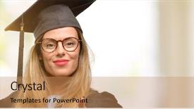  Presentation with university - Beautiful PPT theme featuring welcome education - young woman university graduate student backdrop and a coral colored foreground