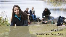 Presentation with campsite - Theme enhanced with young woman unpacking backpack at campsite background and a mint green colored foreground
