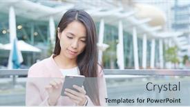  Presentation with mobile use - Slides with young woman use of mobile phone at outdoor background and a light blue colored foreground