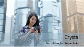  Presentation with mobile phone in woman hand - Slide set enhanced with women status - young woman use of mobile background and a light blue colored foreground