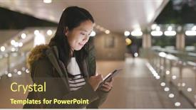  Presentation with smart city - Presentation theme featuring young woman use of smart phone in city at night background and a tawny brown colored foreground