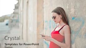  Presentation with smartphone - PPT theme consisting of young-woman-uses-a-smartphone background and a light gray colored foreground