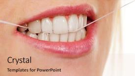 Presentation with dental floss - Audience pleasing slides consisting of young woman uses dental floss to clean your teeth backdrop and a coral colored foreground