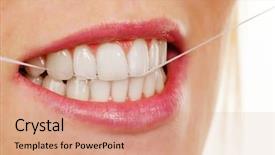  Presentation with dental floss - Cool new PPT layouts with young woman uses dental floss to clean your teeth backdrop and a coral colored foreground
