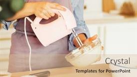 Presentation with cake - Audience pleasing slide set consisting of young-woman-uses-mixer backdrop and a lemonade colored foreground