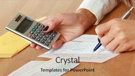  Presentation with calculator - Presentation theme featuring young woman using a calculator background and a coral colored foreground