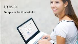  Presentation with computer - Audience pleasing slide set consisting of young-woman-using-a-laptop backdrop and a light gray colored foreground
